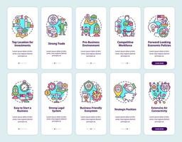 Business in Asia onboarding mobile app screen set. Economic policies walkthrough 5 steps graphic instructions pages with linear concepts. UI, UX, GUI template. Myriad Pro-Bold, Regular fonts used vector