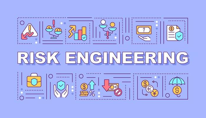 Risk engineering word concepts purple banner. Safety policy. Infographics with linear icons on background. Isolated typography. Vector outline color illustration with text. Arial-Black font used