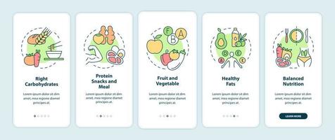 comida adecuada para ejercicios que incorporan la pantalla de la aplicación móvil. tutorial de dieta 5 pasos páginas de instrucciones gráficas con conceptos lineales. interfaz de usuario, ux, plantilla de interfaz gráfica de usuario. innumerables fuentes pro-negrita y regulares utilizadas vector