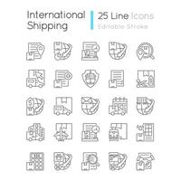 International logistics business linear icons set. Global transportation service. Professional delivery. Customizable thin line contour symbols. Isolated vector outline illustrations. Editable stroke