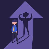 Business concept design businessman standing with muscular body shadow behind him and showing his inner strength. Self confidence. Future goal. Self development. Vector illustration flat cartoon style