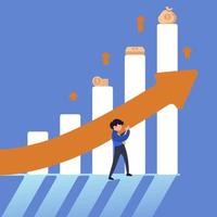 Business concept design businessman holding increasing graph arrow. Business success. Growth symbol of advance in management. Profit, income, improve business. Vector illustration flat cartoon style