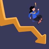 Business flat drawing businesswoman fall down chart. Young female manager bankrupt falling down from arrow. Economic failure investment and financial stock market crash. Cartoon vector illustration
