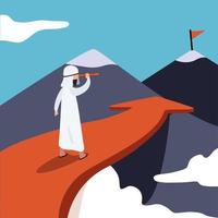 Business flat drawing Arabian businessman standing on arrow looking with telescope growth and to achieve higher. Cartoon of sky with cloud and mountain. Business concept metaphor. Vector illustration