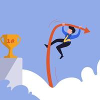 Business flat drawing motivated businessman jumping using pole vault to reach trophy. Business competition, career challenge and goal achievement. Male manager reach aim. Cartoon vector illustration