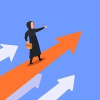 Business concept design Arabian businesswoman with briefcase standing on arrow moving upward. Searching for opportunities. Points direction forward. Investment and successful. Flat vector illustration