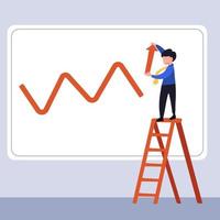 empresario de dibujo plano de negocios subiendo la escalera, creando un gráfico de cotizaciones. el trabajador dibuja el crecimiento de las ventas comerciales en la pared. representa el éxito financiero, el mercado de valores alcista, las ganancias. ilustración vectorial de dibujos animados vector