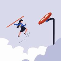 Business flat drawing young businesswoman jump throwing spear arrow to target. Business breakthrough success concept. Female manager throwing arrow to target board. Cartoon graphic vector illustration