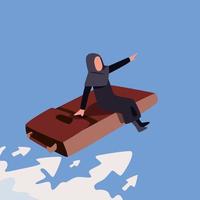 Business concept design Arabian businesswoman sitting and flying on leather business briefcase in the sky. Points direction forward. Financial success and development. Vector illustration flat cartoon