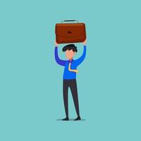 Business concept flat style isolated of businessman lifting up briefcase. Male manager raising up suitcase. Concept of winning, happy, reaching goal, rejoices in success. Design vector illustration