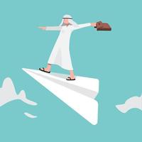 Business concept design Arabic businessman holding briefcase, flying on paper airplane with hand pointing in future. Looking for success, opportunities, future vision. Vector illustration flat cartoon