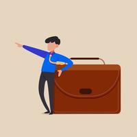 Business concept flat confident businessman leaning on leather huge briefcase and pointing forward. Male manager standing with resting pose thinking of success. Graphic design vector illustration