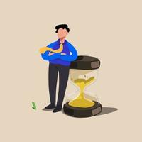 Business concept design businessman lean on huge giant hourglass. Effective time management, successfully task organizing, financial investment. Deadline, timeliness. Vector illustration flat cartoon