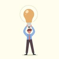 Business concept flat creative businessman lifting big lightbulb over head. Metaphor for new business ideas and entrepreneurship. Creativity, insights, inspiration. Graphic design vector illustration