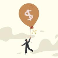 Business concept design Arabian businesswoman flying with money bag dollar balloon. Increase budget, capital business with investment. Success financial, cash, wealth. Vector illustration flat cartoon