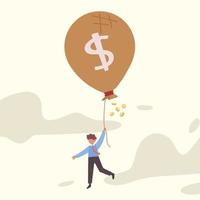 Business concept design businessman flying with money bag dollar balloon. Increase budget and capital business with investment. Success financial, cash, wealth people. Vector illustration flat cartoon