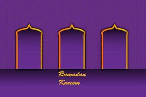 ramadan kareem background vector, greeting card design, purple color and pattern, mosque door vector