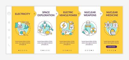 Nuclear power in everyday life onboarding vector template. Responsive mobile website with icons. Web page walkthrough 5 step screens. Electric vehicle power color concept with linear illustrations