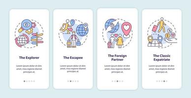 Expats types onboarding mobile app page screen. Moving abroad reasons walkthrough 4 steps graphic instructions with concepts. UI, UX, GUI vector template with linear color illustrations