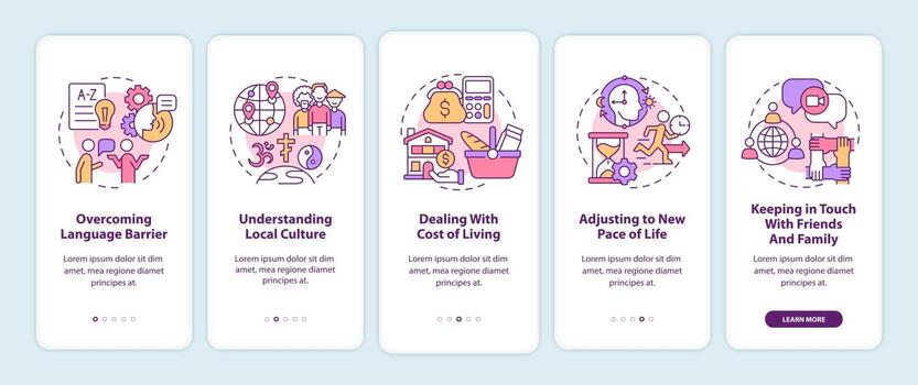 los expatriados tienen problemas para incorporar la pantalla de la página de la aplicación móvil. superación de dificultades paso a paso instrucciones gráficas de 5 pasos con conceptos. ui, ux, plantilla vectorial gui con ilustraciones en color lineal vector