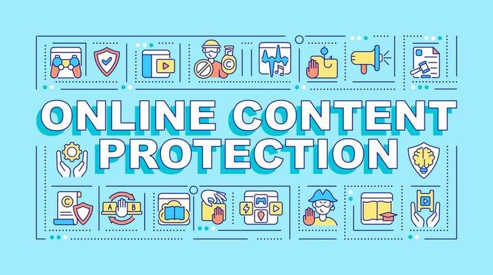 Online content protection word concepts banner. Copyright law. Infographics with linear icons on turquoise background. Isolated creative typography. Vector outline color illustration with text