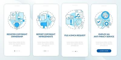 Protection from piracy onboarding mobile app page screen. Report infringements walkthrough 4 steps graphic instructions with concepts. UI, UX, GUI vector template with linear color illustrations