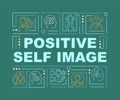 Optimistic self image word concepts banner. Improve self-perception. Infographics with linear icons on green background. Isolated creative typography. Vector outline color illustration with text