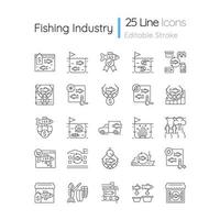 Fishing industry linear icons set. Catching and preparing seafood. Processing and farming. Canning plant. Customizable thin line contour symbols. Isolated vector outline illustrations. Editable stroke