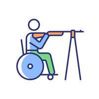 Wheelchair shooting RGB color icon. Athlete demonstrate accuracy. Hitting targets from various distances. Sportsman with disability. Isolated vector illustration. Simple filled line drawing