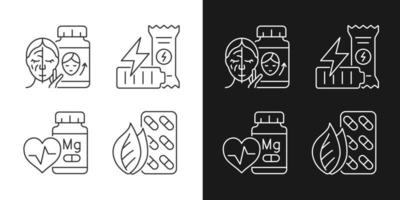 Food supplements linear icons set for dark and light mode. Skin beauty. Workout energy bar. Healthy snacks. Customizable thin line symbols. Isolated vector outline illustrations. Editable stroke