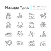 Massage types linear icons set. Physical health improvement. Applying pressure to muscles. Healing body. Customizable thin line contour symbols. Isolated vector outline illustrations. Editable stroke