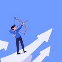Business concept flat style isolated of businessman with bow and arrow aiming financial growth target. Profit benefit, goal achievement, business solution strategy concept. Design vector illustration