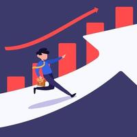Business concept flat style of businessman running on arrow up go to the success, graph. Business vision. Investment profit and earning, stock market growth or fund. Graphic design vector illustration