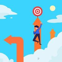 Business concept flat style isolated of businessman climbing arrow to target. Success worker, aspiration to achieve target, business goal, work purpose, aim for perfection. Design vector illustration