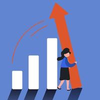 Business concept design businesswoman pushing bar chart. Business person holding bar chart from being fall over metaphor of survive, grow. Business crisis management. Vector illustration flat cartoon