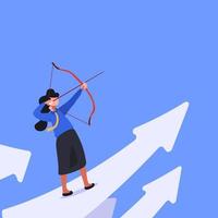 Business flat drawing businesswoman with bow and arrow aiming financial growth target. Profit benefit, goal achievement, business solution strategy concept. Cartoon banner graphic vector illustration
