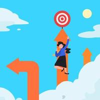 Business flat drawing young businesswoman climbing arrow to target. Success worker, aspiration to achieve target, business goal, work purpose, aim for perfection. Cartoon graphic vector illustration