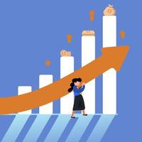 Business concept flat style businesswoman holding increasing graph arrow. Business success. Growth symbol of advance in management. Profit, income, improve business. Graphic design vector illustration
