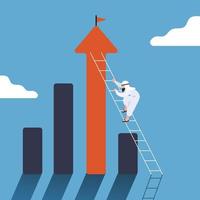 Business concept flat style Arabian businessman climbing on infographics column with ladder. Step grow business. Improvement or development to achieve goal, growth journey. Design vector illustration