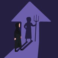 Business concept design Arab businesswoman with devil of shadow. Evil worker facing her devil shadow on wall. Bad character businessman. Success and inconsiderateness. Vector illustration flat cartoon