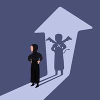 Business flat drawing Arabian businesswoman standing with demon shadow wall behind her. Bad business manager. Worker with her own evil shadow. Business metaphor. Cartoon graphic vector illustration