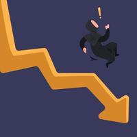 Business concept flat Arabian businesswoman fall down chart. Female manager bankrupt falling down from arrow. Economic failure investment and financial stock market crash. Design vector illustration