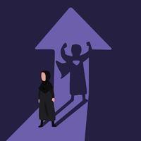 Business flat drawing Arab businesswoman with shadow superhero behind her. Super manager leader in business metaphor. Success, quality of leadership, trust worker. Cartoon graphic vector illustration