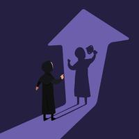 Business concept design Arabian businesswoman holding winning trophy shadow and arrow pointing up. Woman facing lifting trophy shadow. Choices success in future goal. Vector illustration flat cartoon