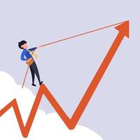 Business concept flat businessman holding briefcase and pulling arrow graph chart up with rope. Career rise to success. Depicts gain, profit, boost. Ambition winning goal. Design vector illustration