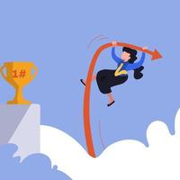 Business concept design businesswoman jumping using pole vault to reach trophy. Business competition, career challenge and goal achievement. Female manager reach aim. Vector illustration flat cartoon