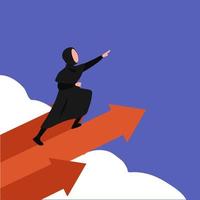 Business concept flat Arabian businesswoman leader stands on arrow and points direction forward. Female worker flying using rapid up arrows symbol. Success business manager. Design vector illustration