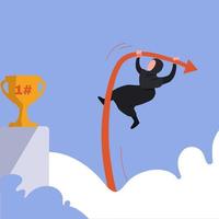 Business flat drawing Arabian businesswoman jumping using pole vault to reach trophy. Business competition, career challenge and goal achievement. Female manager reach aim. Cartoon vector illustration