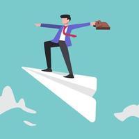 Business concept flat young businessman holding briefcase, flying on paper airplane with hand pointing in future. Looking for success, opportunities, future business vision. Design vector illustration