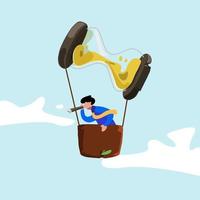 Business flat drawing businessman in hot air balloon hourglass looking for success with telescope or monocular. Business time management. Career path, champion, sandglass. Cartoon vector illustration